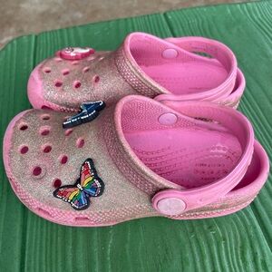 CROCS Kids Pink Glitter Clogs with Rainbow Butterfly